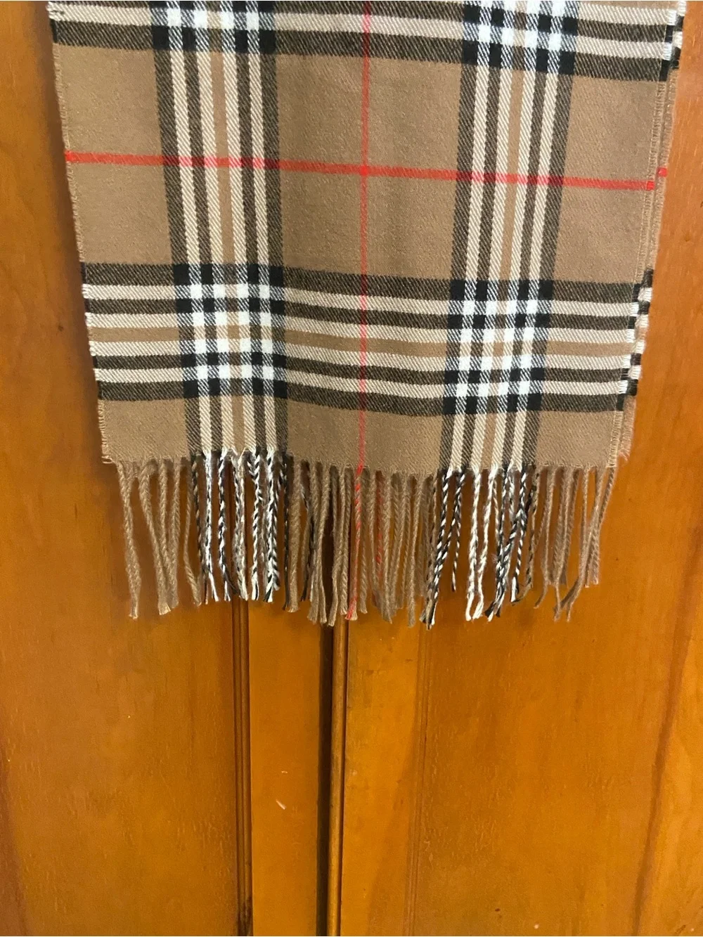 100% Cashmere Plaid Scarf Made in Scotland Tan Black Red Fringe